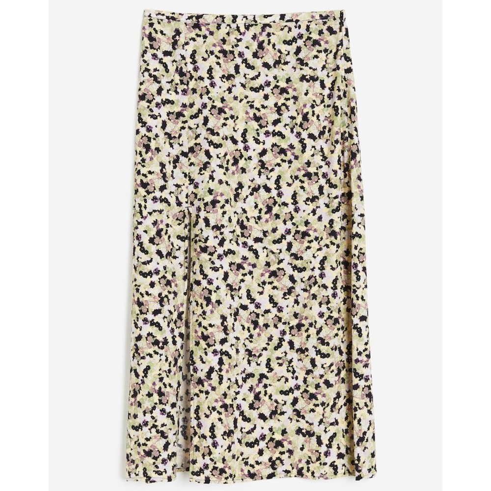 HM Women Abstract Floral Midi Skirt Purple Green Side Slitâ Viscose Size 2